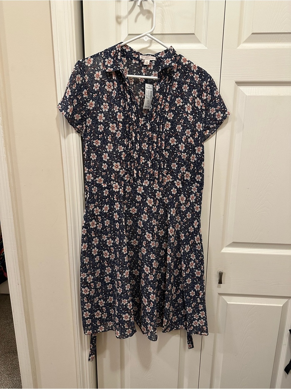 NWT Dressbarn Floral Pintuck Peasant Dress Size 14 Navy Boho